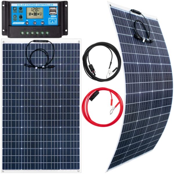 Zestaw solarny fotowoltaiczny. FLEXI elastyczny 130W 12V (Panel solarny 130W, Regulator napięcia 10A) VOLT POLSKA