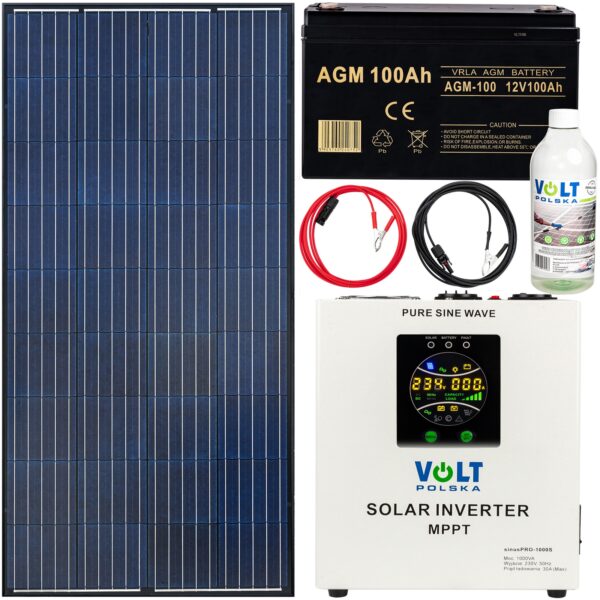 Gotowy zestaw fotowoltaiczny 140w 100Ah (panel solarny, przetwornica 1000s, akumulator, przewody) + płyn. VOLT POLSKA