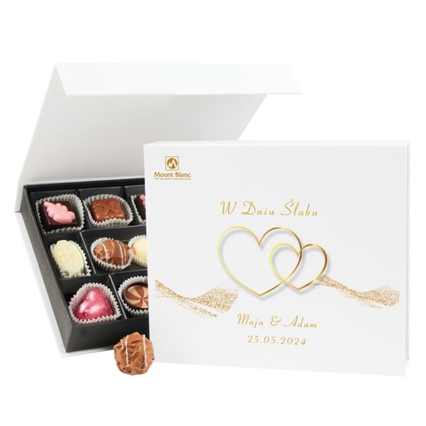 Czekoladki ślubne Chocolate Box Medium White z imionami Nowożeńców