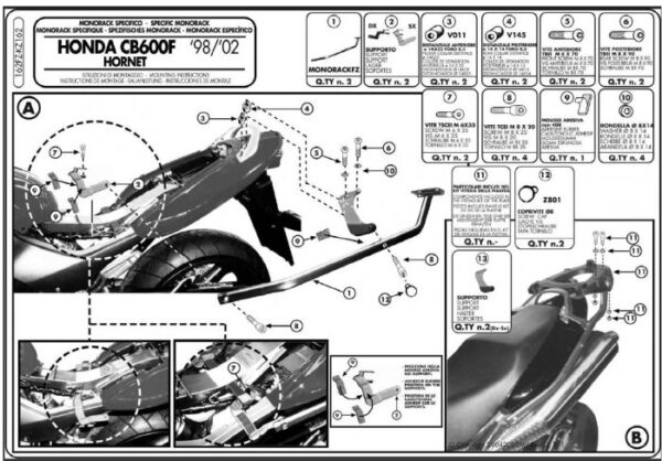 Stelaż pod kufer centralny GIVI CB600 Hornet 98-02