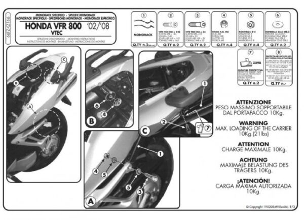 Kappa KZ166 Stelaż Kufra Centralnego Honda Vfr 800 Vtec (02 > 09)